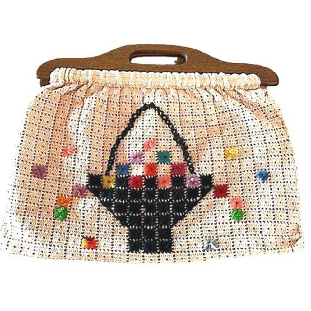 Vintage Crocheted‎ Purse with Wooden Handle Boho Bright Cottage